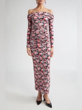 Carolina Herrera Peony Print Ruched Long Sleeve Off the Shoulder Jersey Dress XS